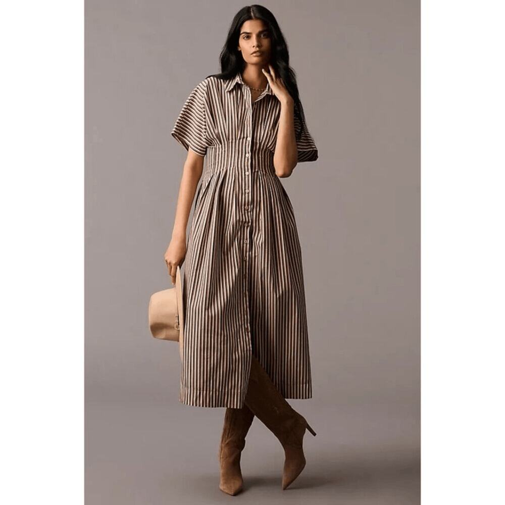 Anthropologie Exquise The Tobie Button Front Pleated Shirt Dress Brown Striped
